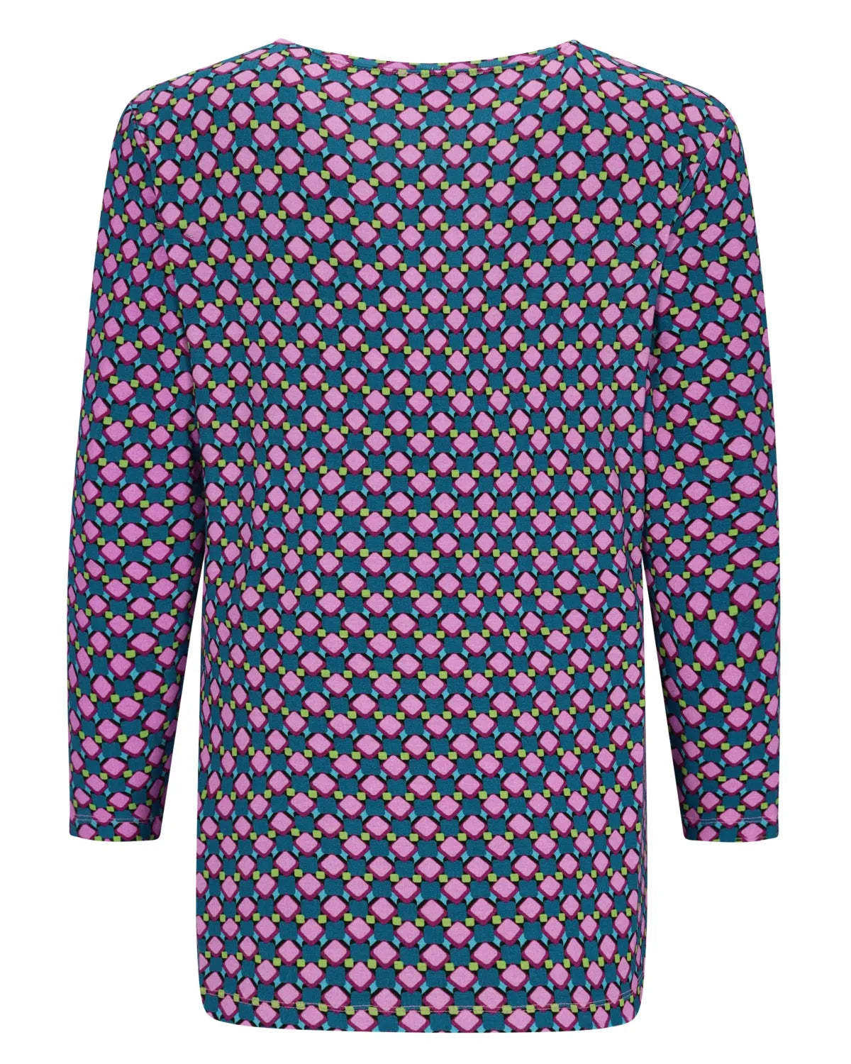 Lila und rosa geblümte Bluse mit 3/4 Ärmeln.