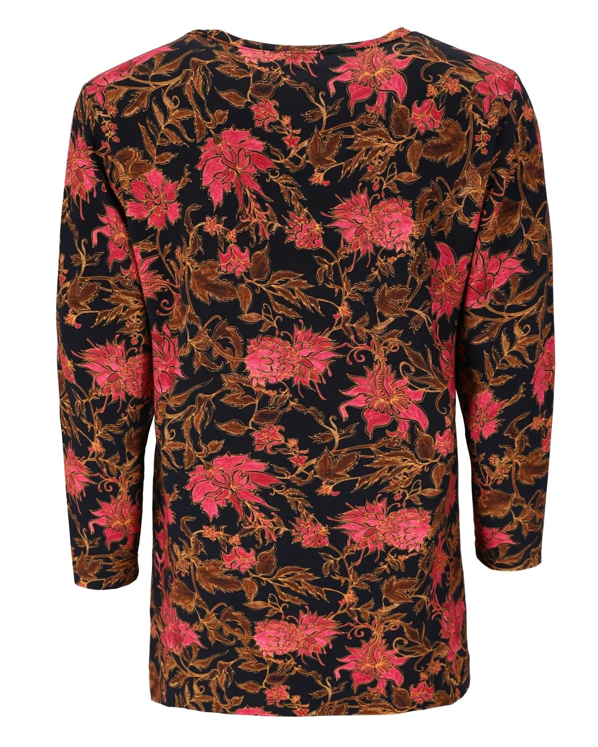 Langärmeliges Top mit Blumendruck und rosa und braunen Blumen auf schwarzem Hintergrund.