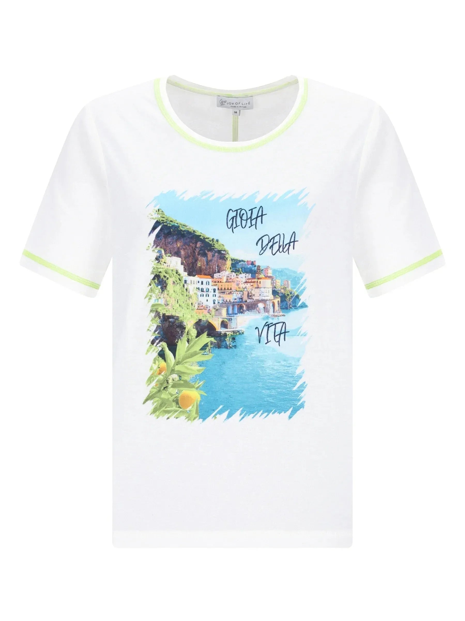 Weißes Shirt mit Amalfiküsten-Print und limagrünem Saum