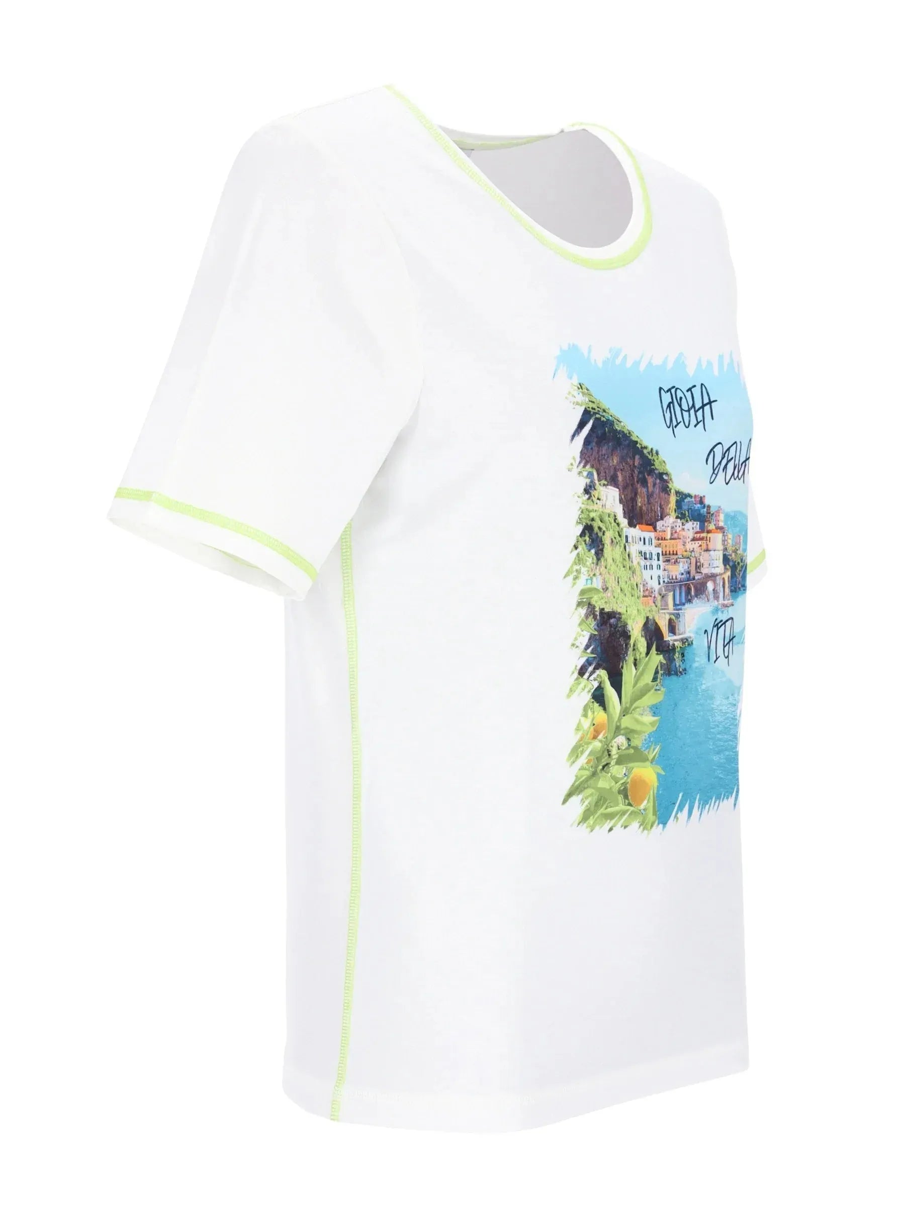 Weißes Shirt mit Amalfiküsten-Print, neon-grüner Borte