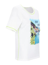 Weißes Shirt mit Amalfiküsten-Print, neon-grüner Borte