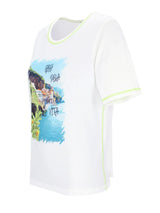Weißes Shirt mit Amalfiküsten-Print und limagrünem Saum
