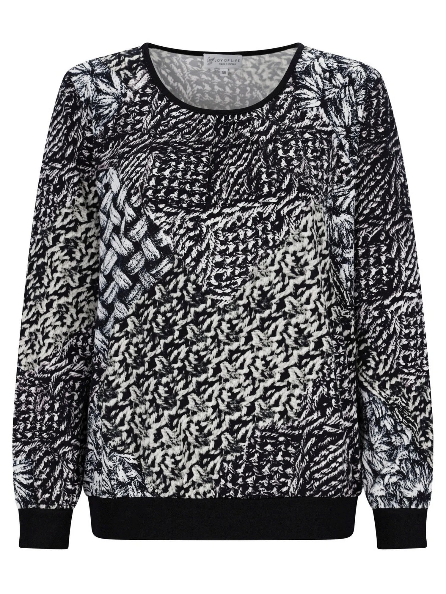 Schwarzes und weißes abstraktes Print-Sweatshirt mit gerippten Bündchen und Saum.