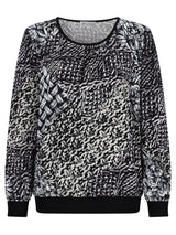 Schwarzes und weißes abstraktes Print-Sweatshirt mit gerippten Bündchen und Saum.