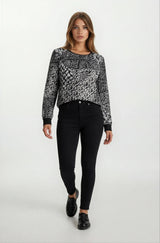 Schwarzer-weißer Muster-Pullover mit Bündchen und Rundhals, Langarm
