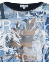 Blau-weißes, grafisches T-Shirt mit Strassstein-Akzenten.