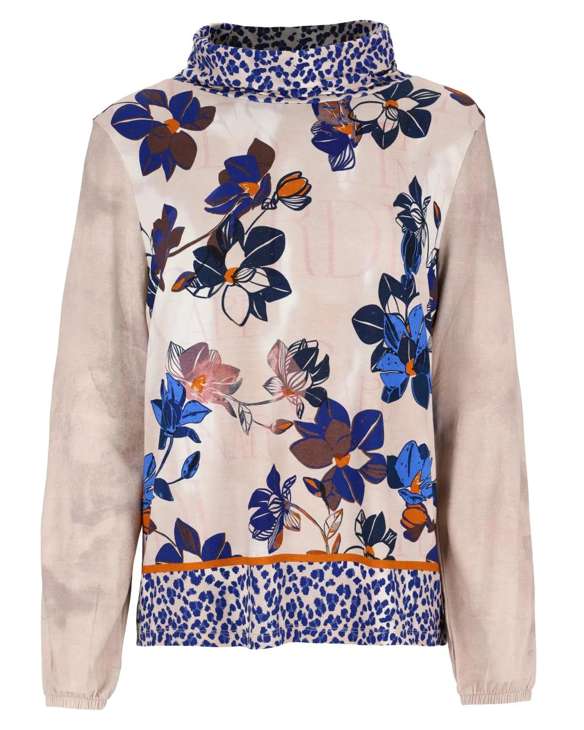 Beigefarbener Rollkragenpullover mit Blumendruck und Leopardenbesatz an Saum und Bündchen.