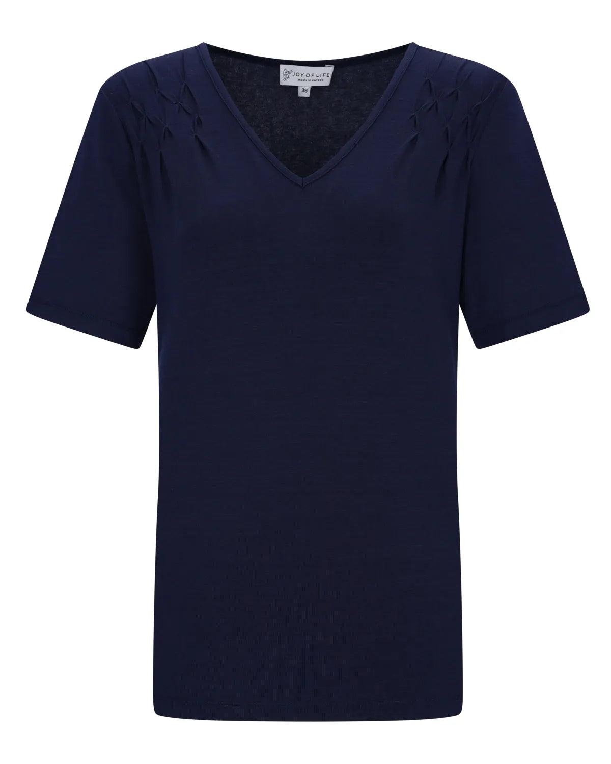 Marineblaues T-Shirt mit V-Ausschnitt, kurzen Ärmeln und lockerer Passform.