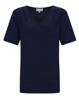 Marineblaues T-Shirt mit V-Ausschnitt, kurzen Ärmeln und lockerer Passform.