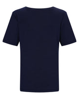 Marineblaues T-Shirt mit kurzen Ärmeln, lockerer Passform und Rundhalsausschnitt.
