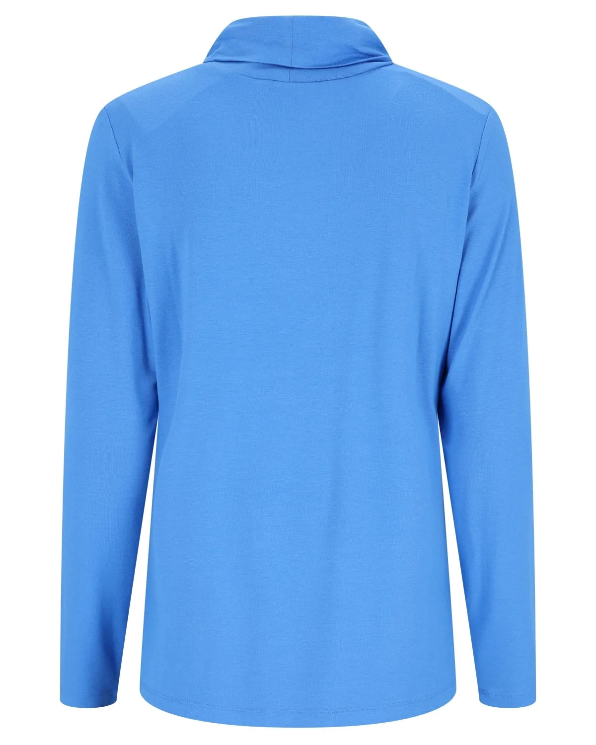Blaues langärmeliges Polohemd mit Kragen und Knopfleiste.