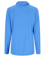 Blaues langärmeliges Polohemd mit Kragen und Knopfleiste.