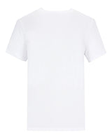 Weißes T-Shirt mit Rundhalsausschnitt, kurzen Ärmeln und lockerer Passform.