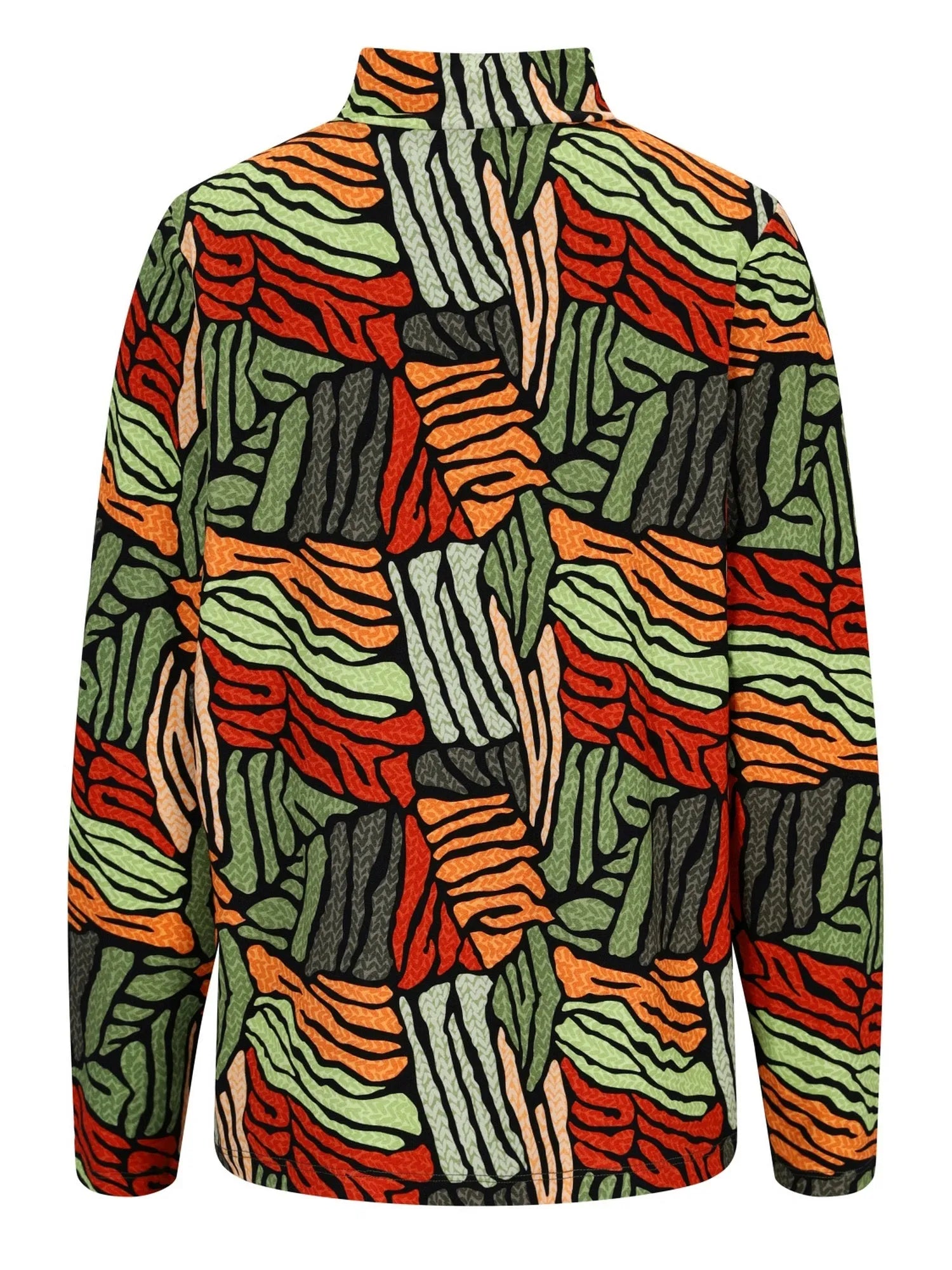 Bunte abstrakte gemusterte Jacke mit hohem Kragen und Reißverschluss.