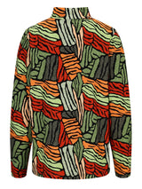 Bunte abstrakte gemusterte Jacke mit hohem Kragen und Reißverschluss.