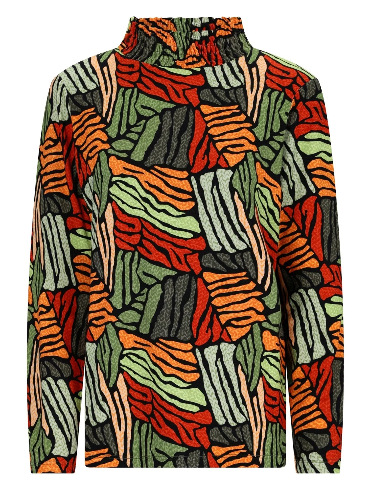 Bunter abstrakter gemusterter Rollkragenpullover mit hohem Kragen und langen Ärmeln.