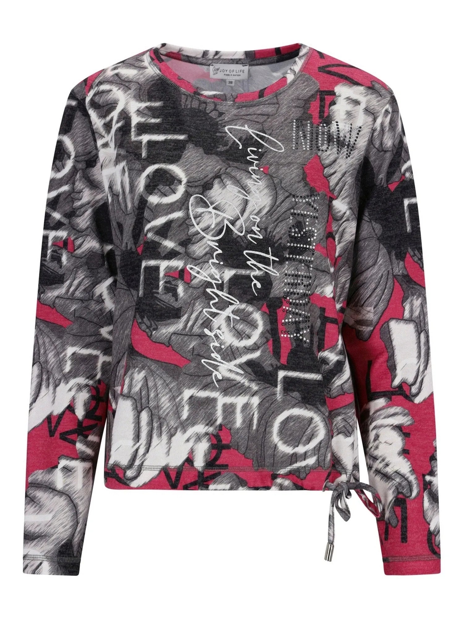 Rosa-schwarzes Sweatshirt mit Grafikdruck und Schnürdetail am Saum.