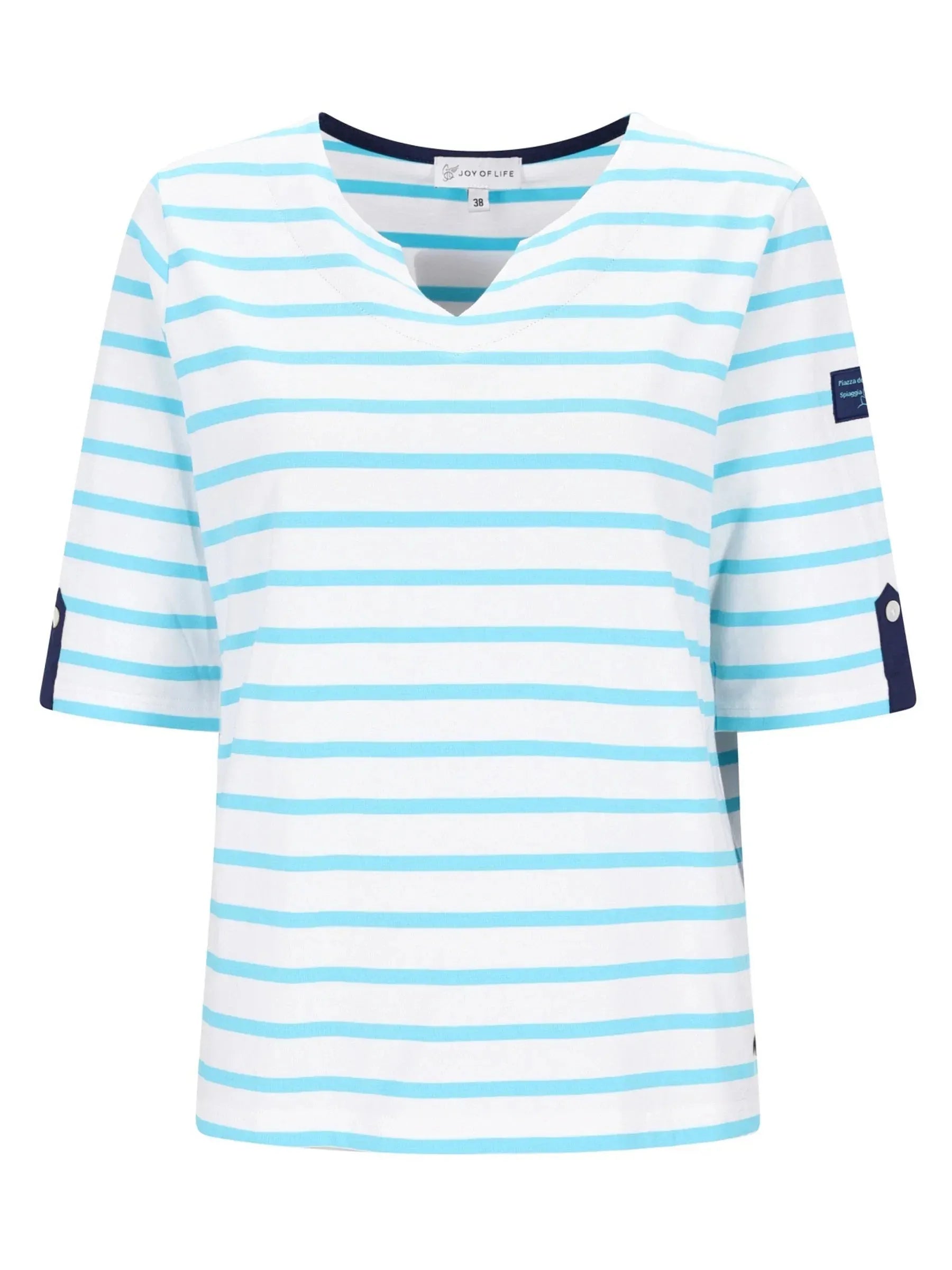 Shirt Streifen-Dessin: hellblau-weiße gestreifte V-Neck-Bluse mit Marine-Trim