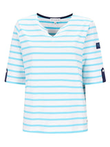 Shirt Streifen-Dessin: hellblau-weiße gestreifte V-Neck-Bluse mit Marine-Trim