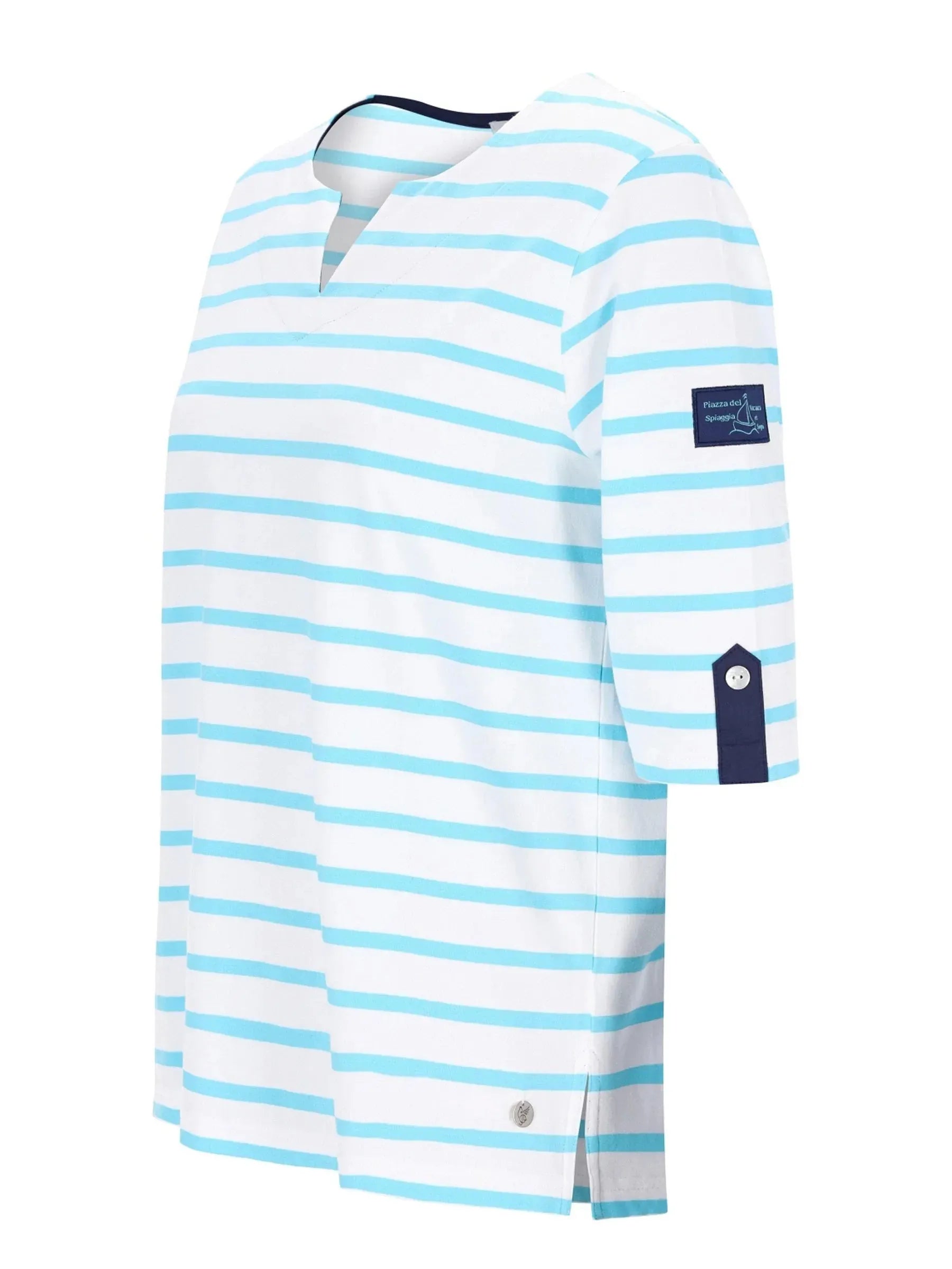 Shirt Streifen-Dessin: hellblau-weiße Streifen-Shortsleeve mit Keyhole-Ausschnitt