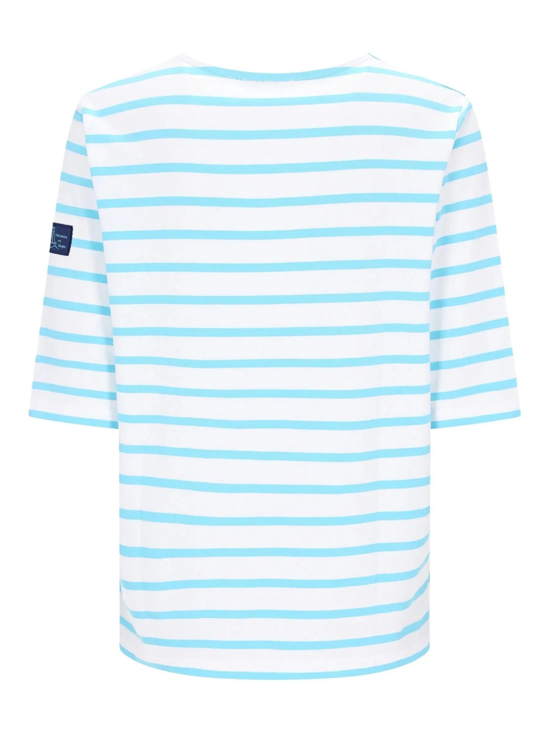 Weißes T-Shirt mit hellblauen Streifen, Streifen-Dessin, Langarm, Etikett