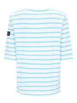 Weißes T-Shirt mit hellblauen Streifen, Streifen-Dessin, Langarm, Etikett