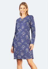 Marinefarbenes langärmeliges Kleid mit Blumenmuster, V-Ausschnitt und Taschen für Damen.