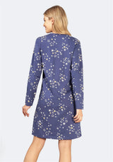 Marineblaues Kleid mit Blumenmuster für Damen mit langen Ärmeln und geradem Schnitt.