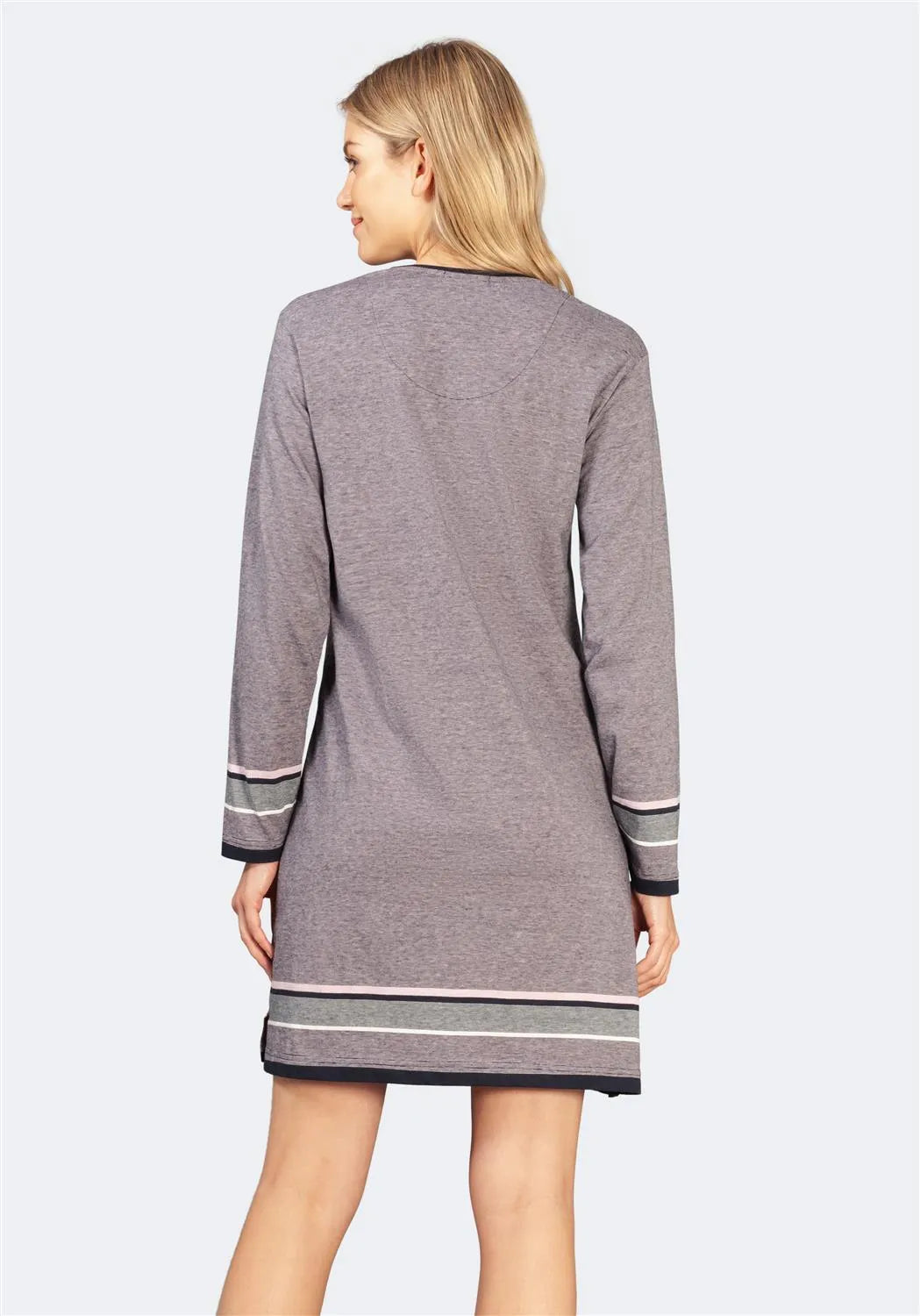 Lavendelfarbenes und graues strukturiertes Kleid mit schwarzem Saum, inspiriert vom Seemannsstil.