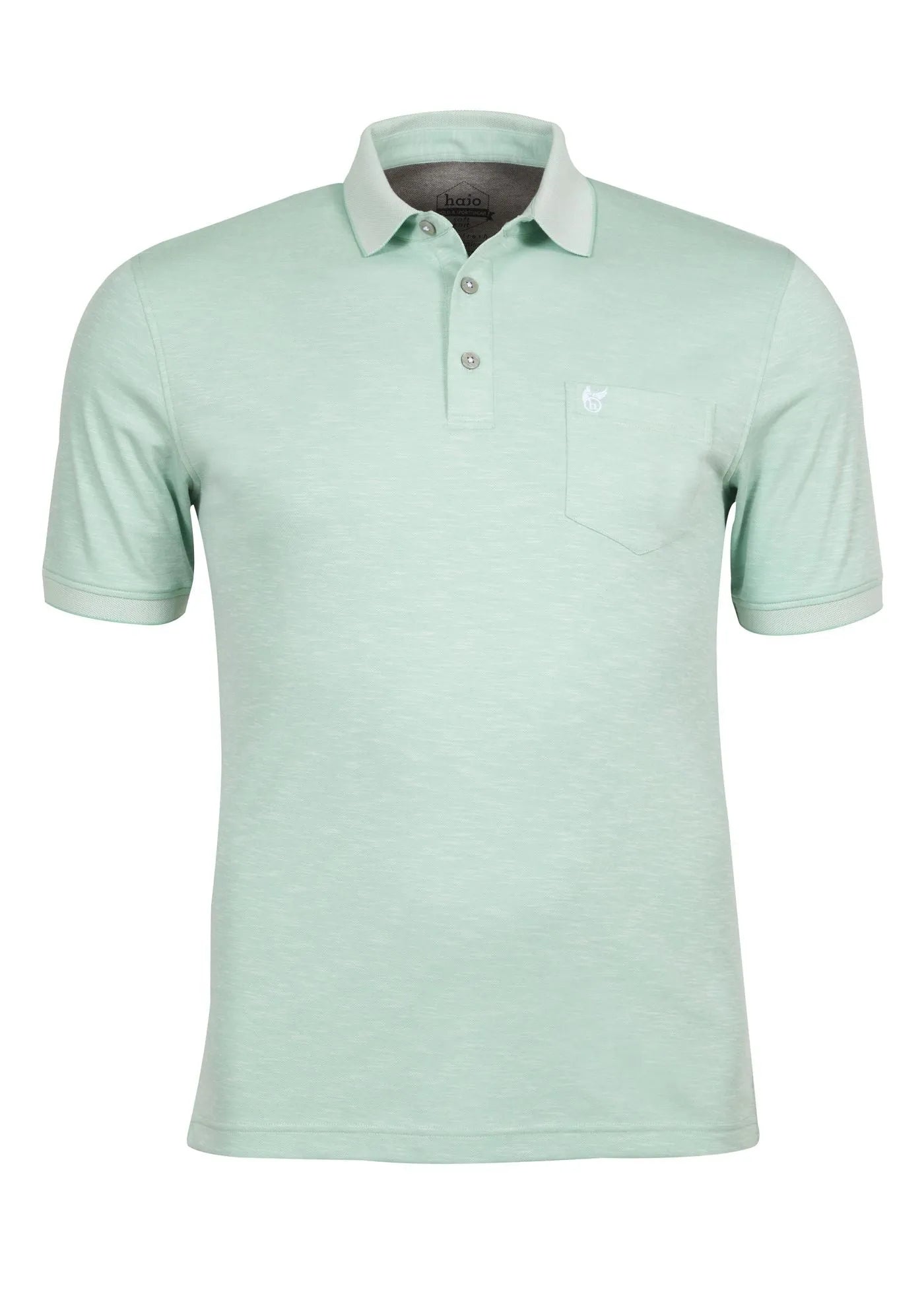 Mintgrünes Poloshirt mit weißem Kragenbesatz und Knöpfen.