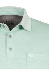 Mintgrünes Poloshirt mit weißem Kragen und Knöpfen.