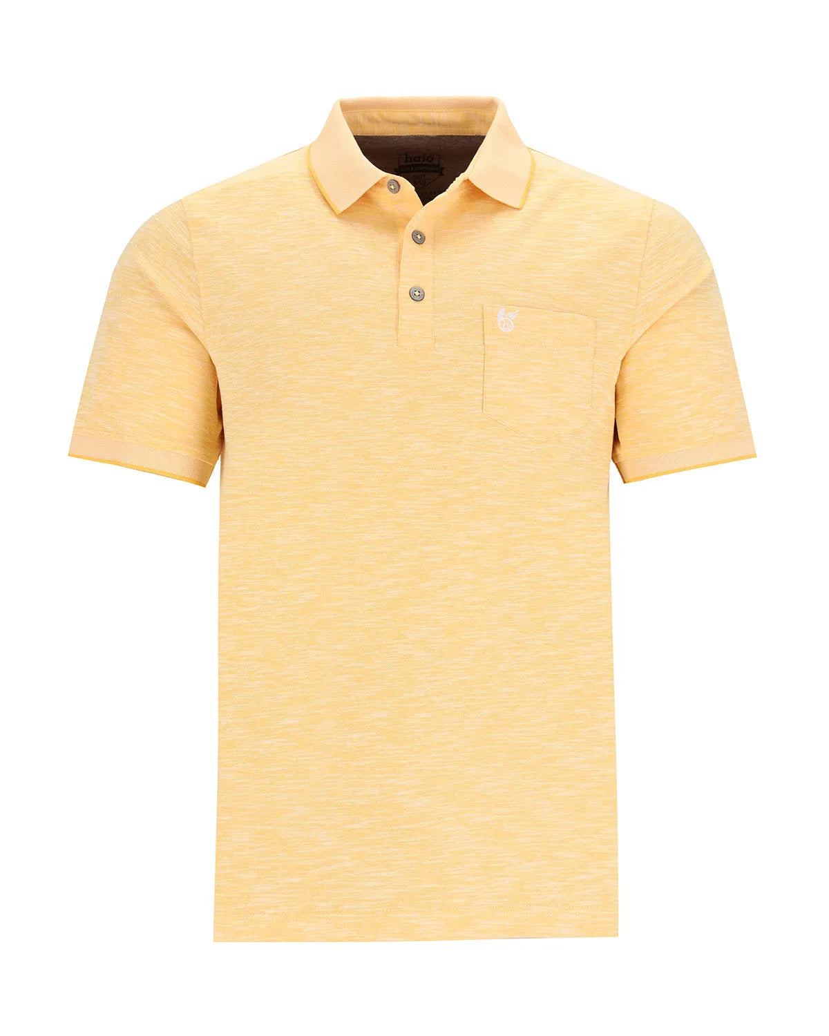 Gelbes Poloshirt mit kurzen Ärmeln und einem kleinen Logo.
