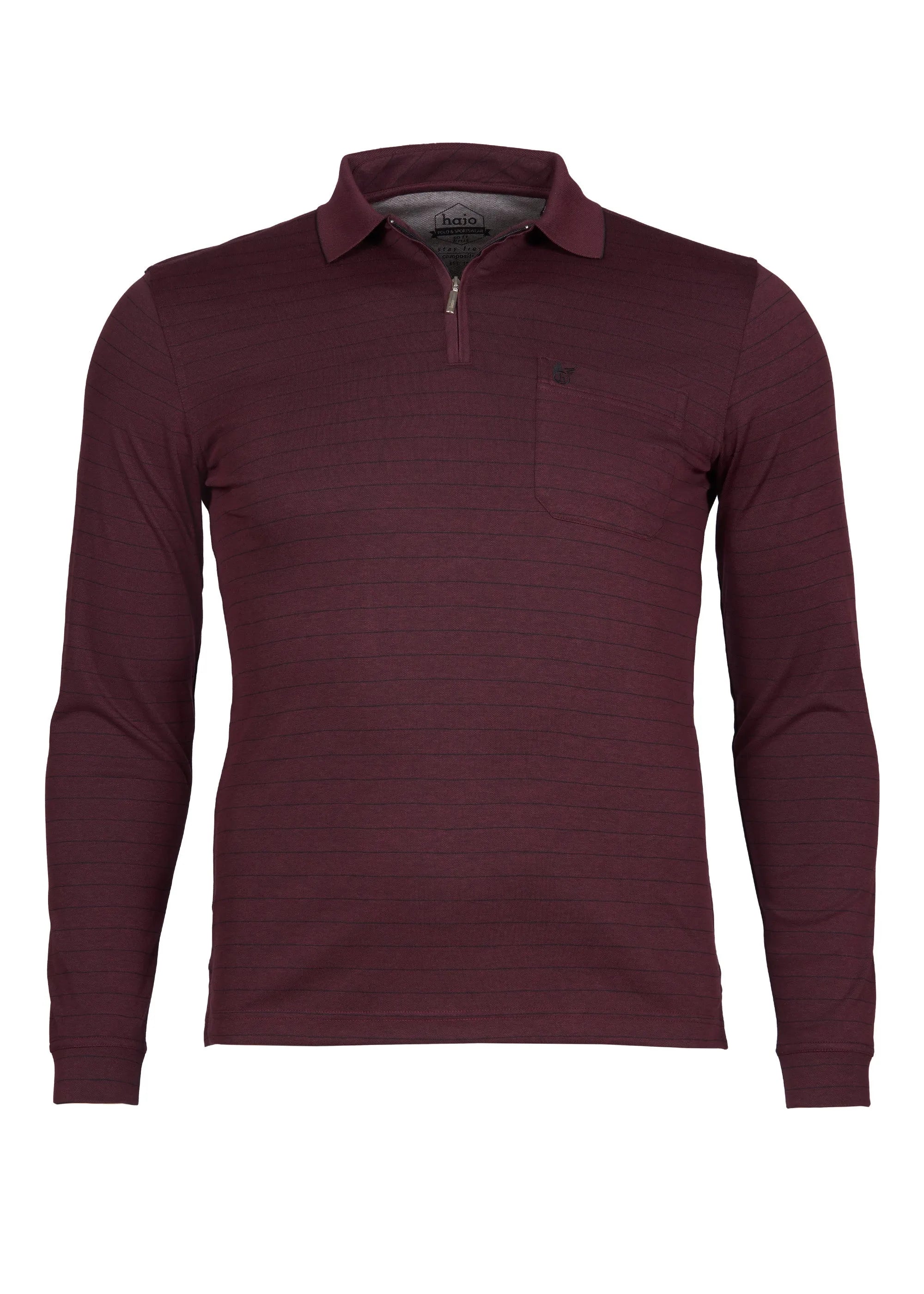 Burgunderfarbener Pullover mit langem Ärmel und Viertelreißverschluss.