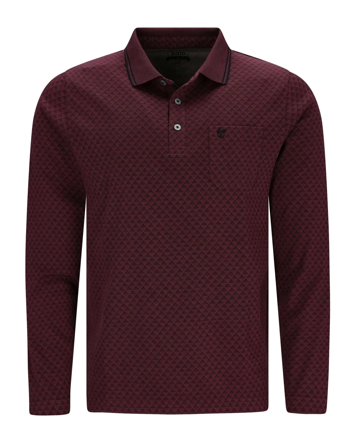 Kastanienbraunes Langarm-Poloshirt für Herren mit dezentem geometrischem Muster.