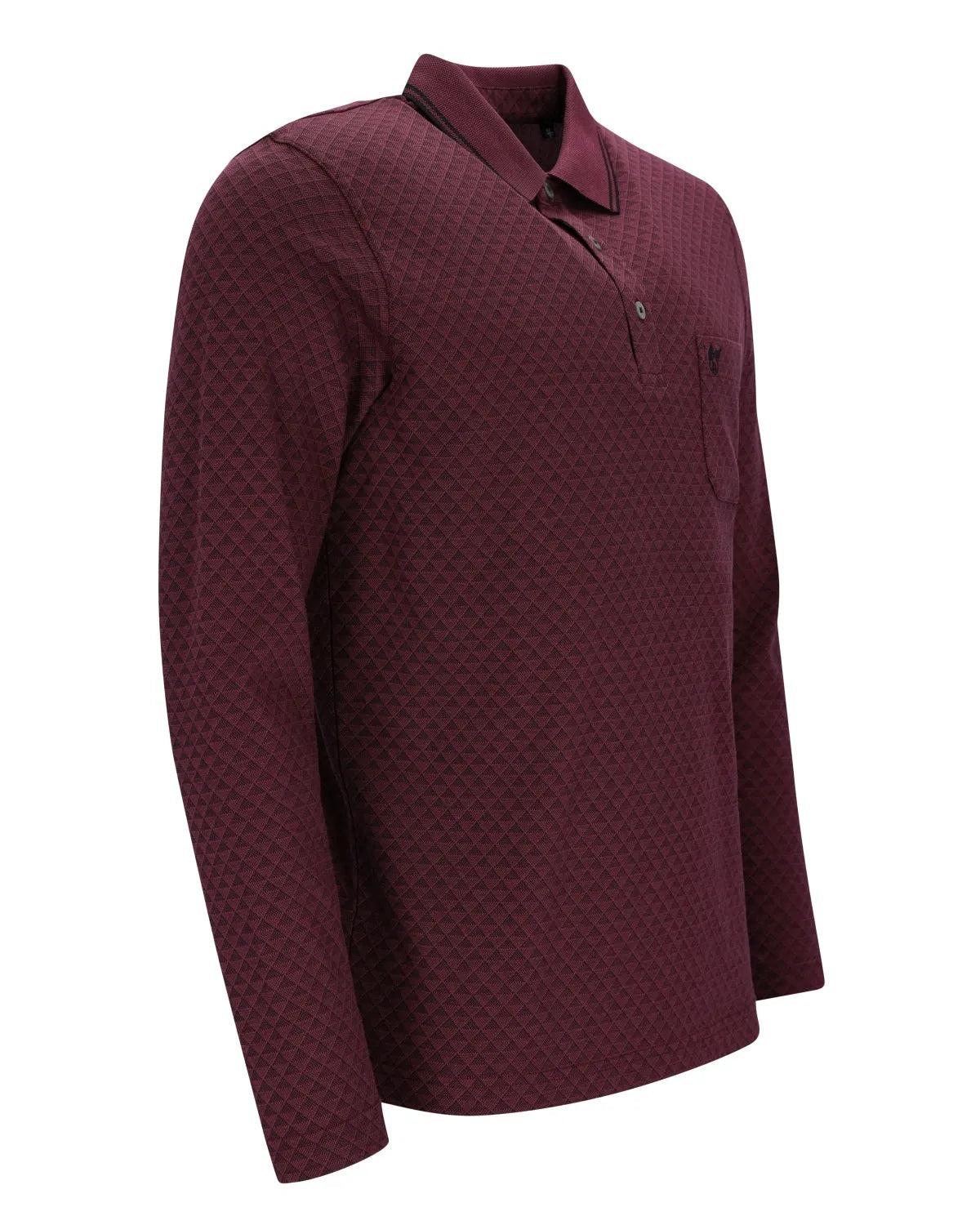 Kastanienbraunes Langarm-Poloshirt für Herren mit dezentem Karomuster und einer Brusttasche.
