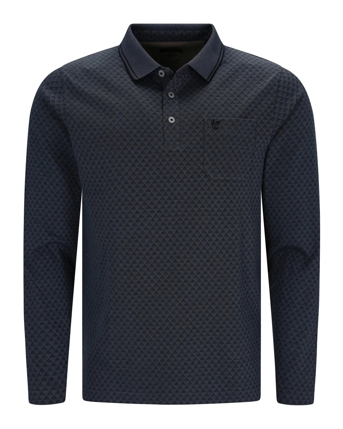 Dunkelblaues, langärmeliges Herren-Poloshirt mit strukturiertem Muster und einer Brusttasche.