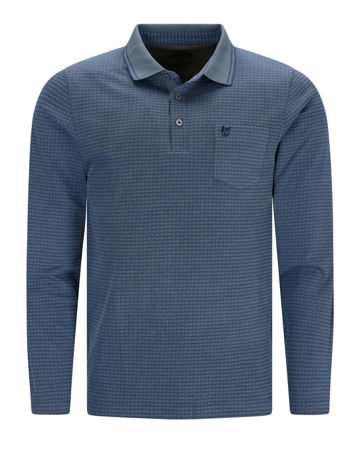 Blaues Langarm-Poloshirt für Herren mit strukturiertem Muster und einer Brusttasche.