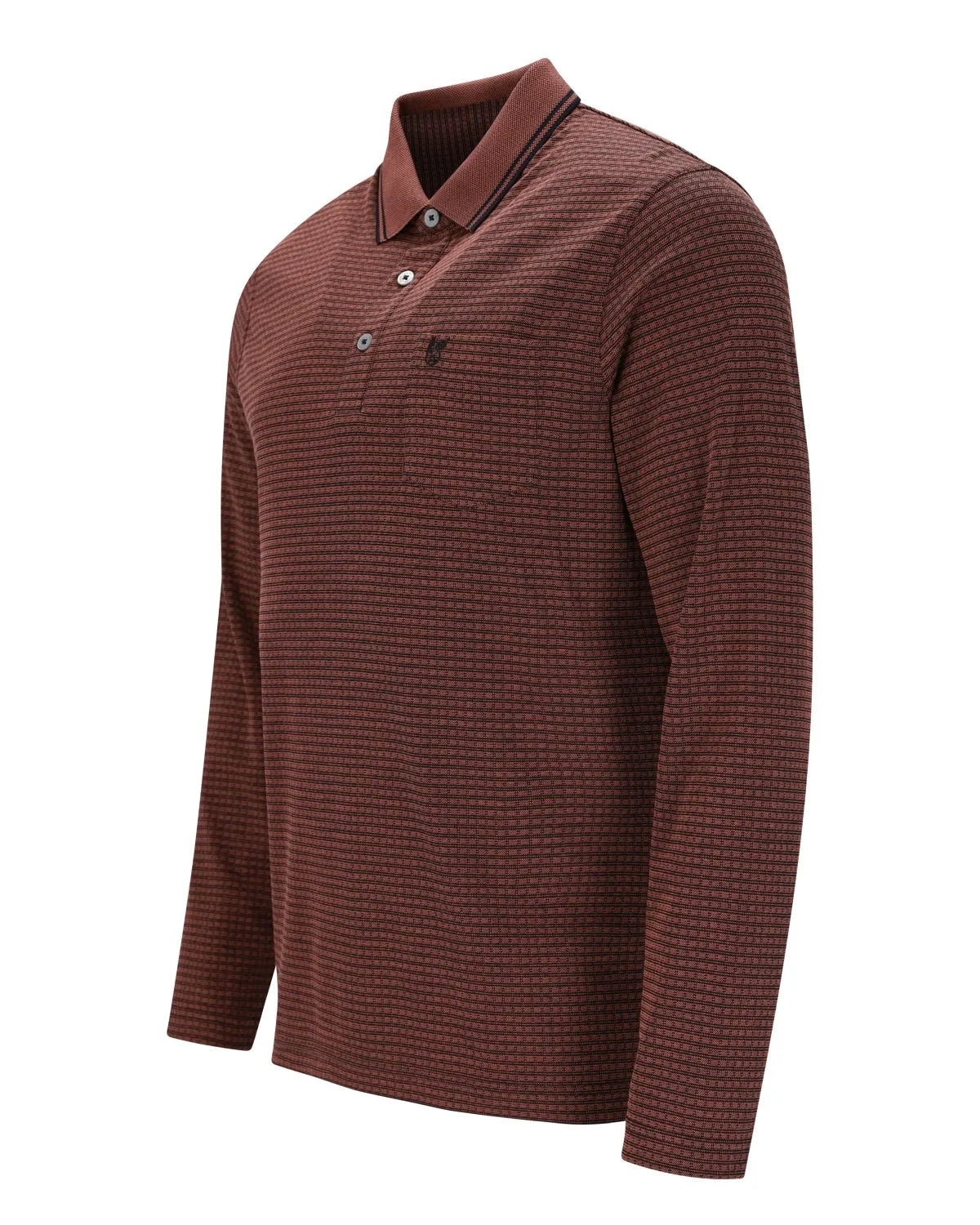 Langärmeliges Herren-Poloshirt mit Kragen in Dunkelrot oder Kastanienbraun mit einem dezenten Strukturmuster.