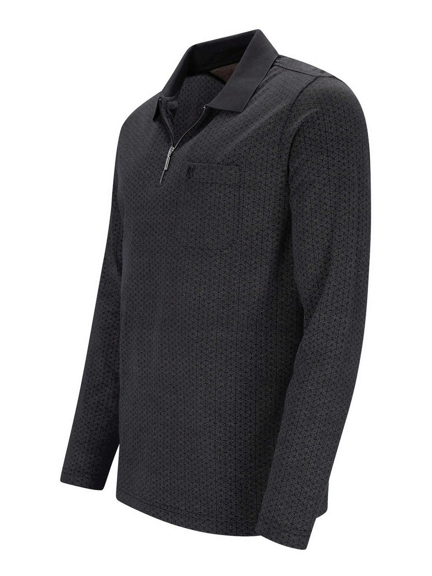 Schwarzes strukturiertes Poloshirt mit Halb-Reißverschlusskragen und gerippten Bündchen.