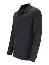 Schwarzes strukturiertes Poloshirt mit Halb-Reißverschlusskragen und gerippten Bündchen.