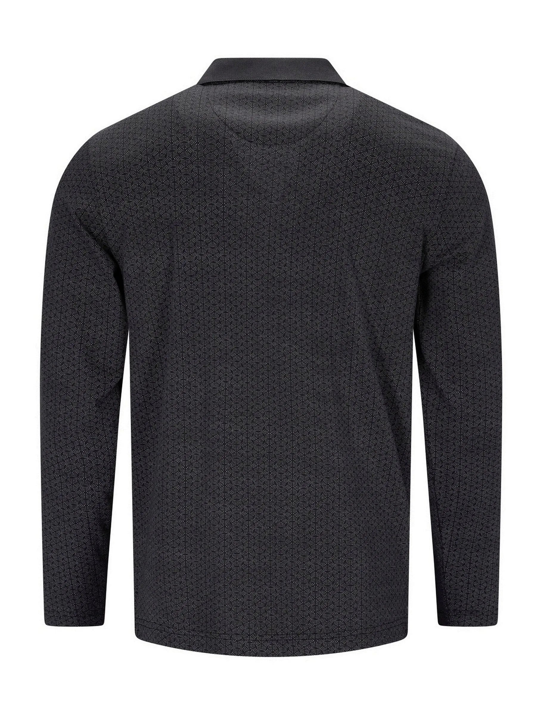 Schwarzes texturiertes Poloshirt mit dezentem Muster und Kragen, wahrscheinlich aus Baumwolle oder Polyester-Mischung.