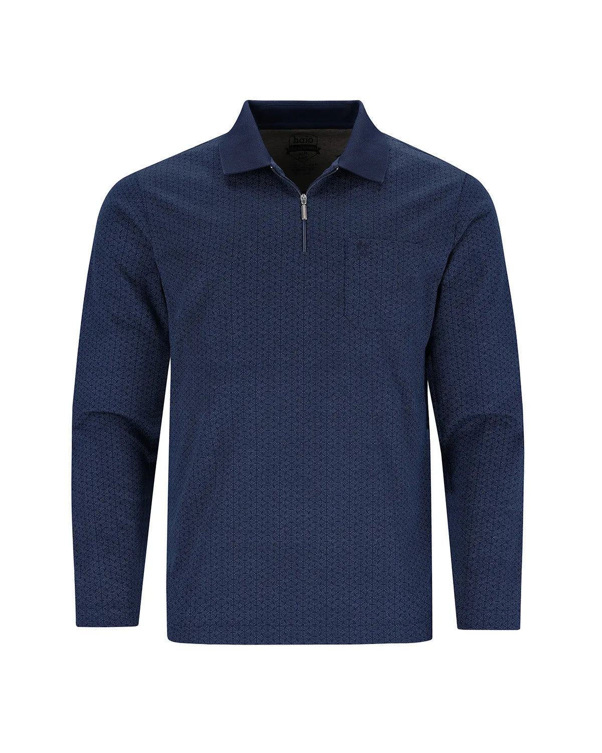 Marineblaues Langarm-Poloshirt für Herren mit dezentem geometrischem Muster und einem Viertel-Reißverschluss.