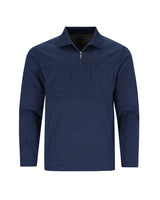 Marineblaues Langarm-Poloshirt für Herren mit dezentem geometrischem Muster und einem Viertel-Reißverschluss.
