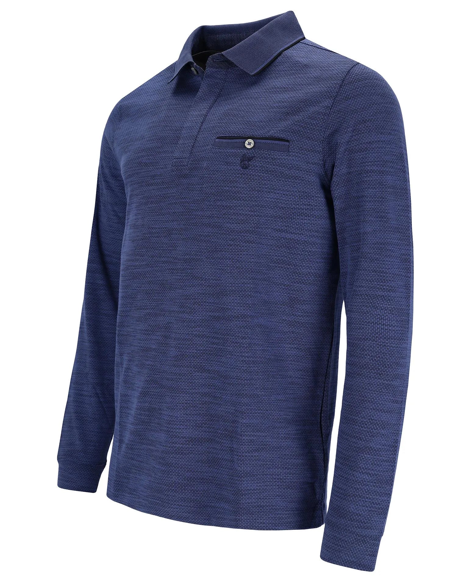 Marineblaues strukturiertes Poloshirt mit Tasche und Knopfleiste.