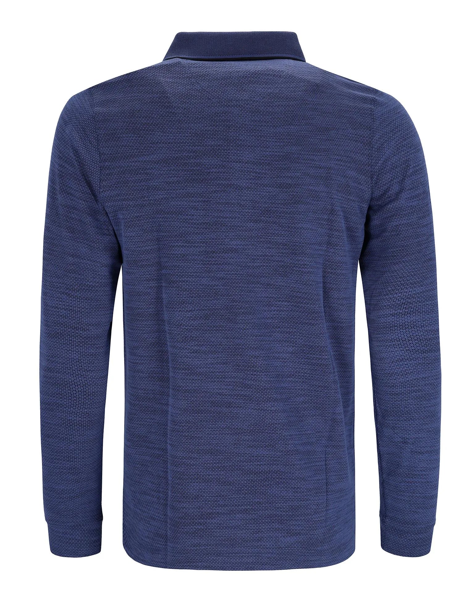 Marineblaues strukturiertes Poloshirt mit Kragen und langen Ärmeln.