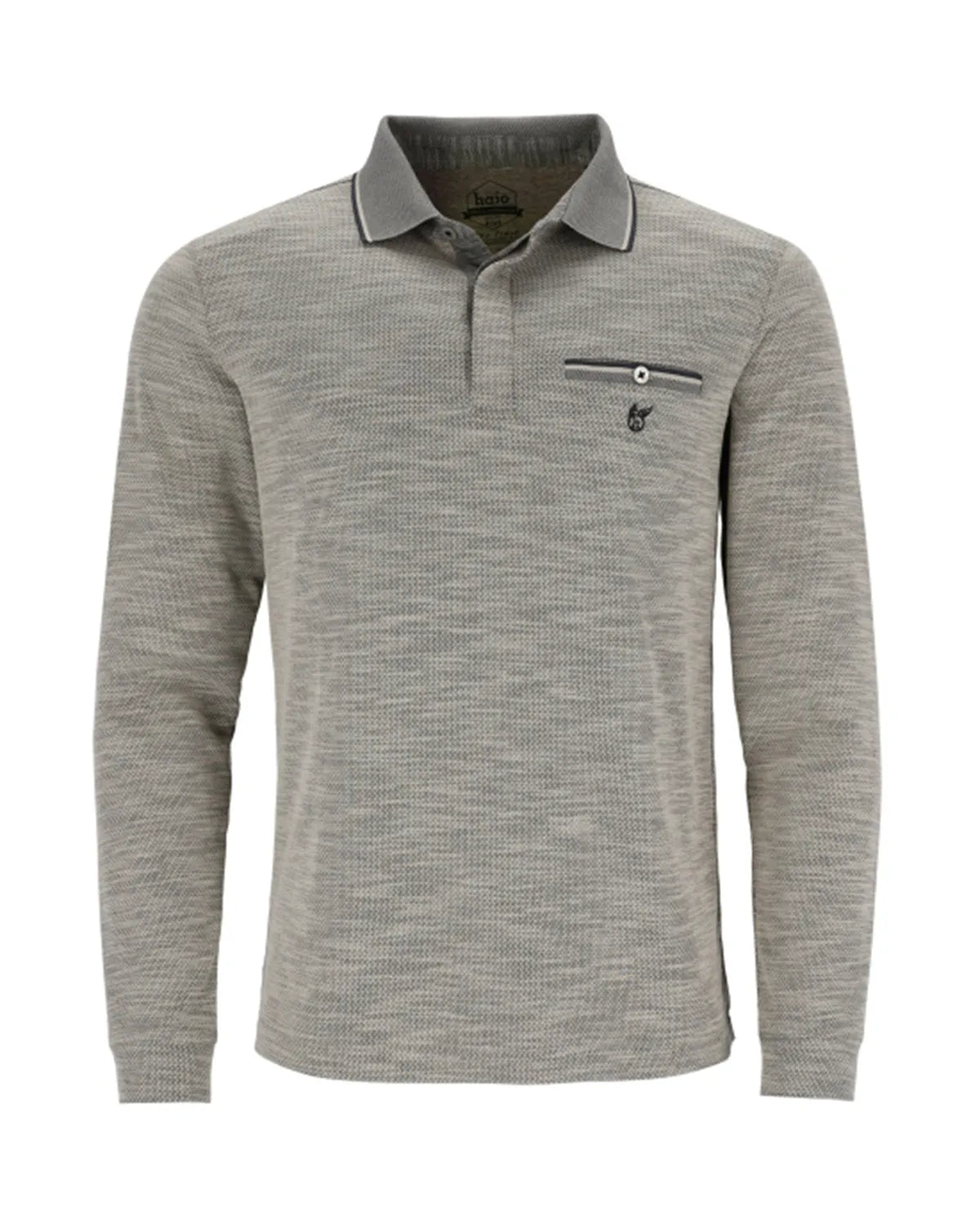 Graues und schwarzes langärmeliges Poloshirt mit Taschendetail.