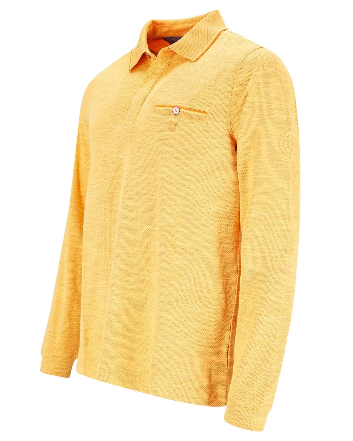 Gelbes Langarm-Poloshirt mit Tasche und Knopfleiste.