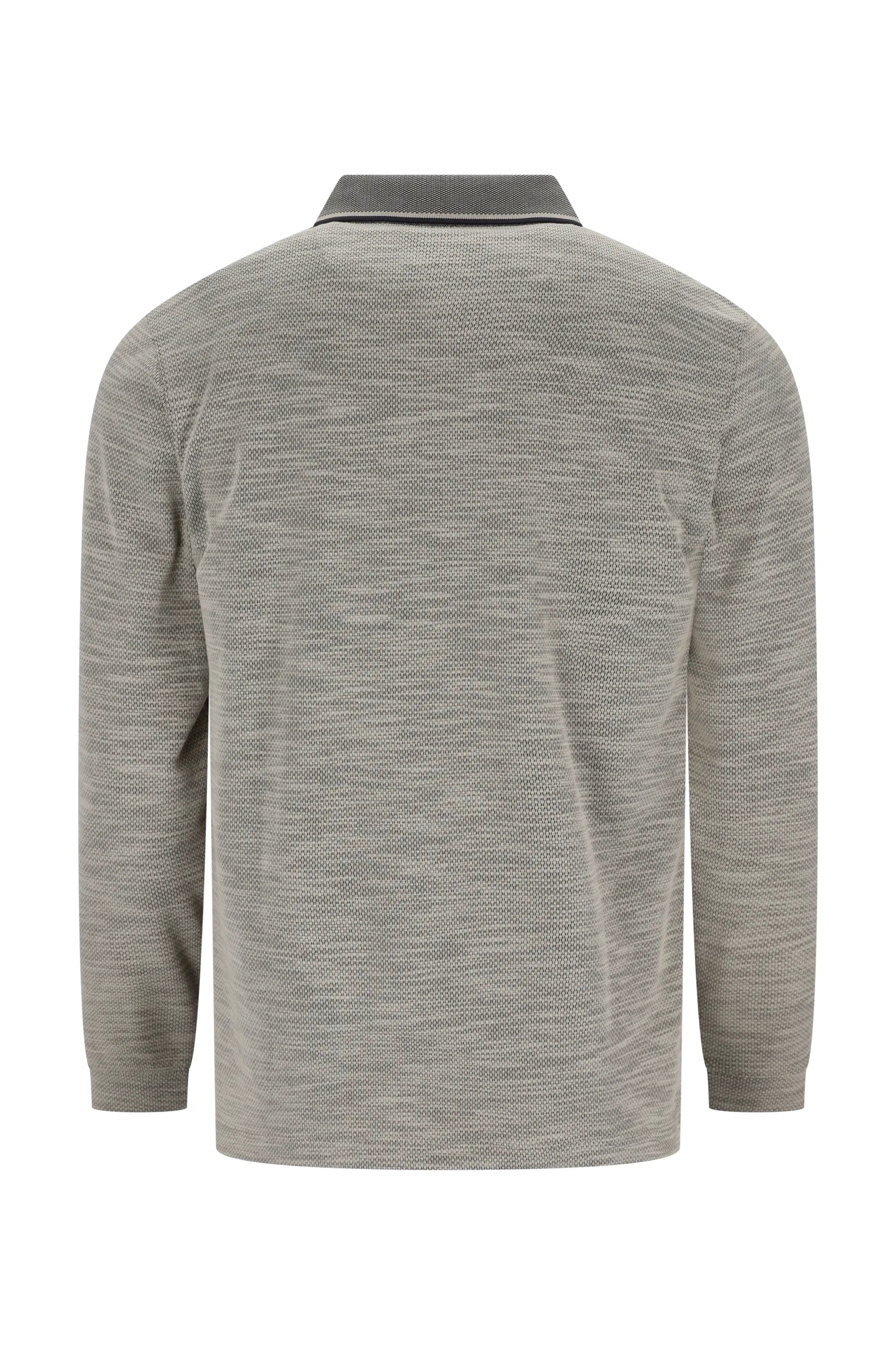 Grauer strukturierter Pullover mit schwarzem Kragen und Manschetten, wahrscheinlich aus Baumwolle oder Wolle.