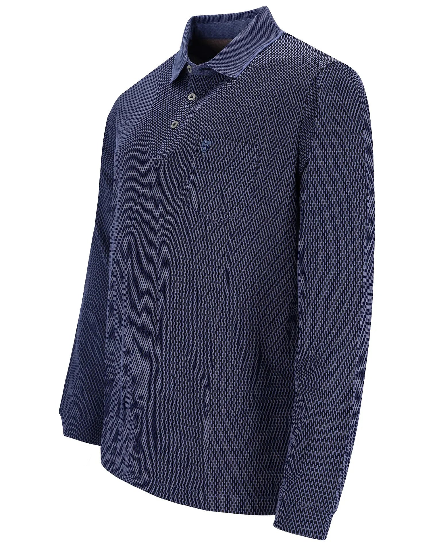 Marineblaues langärmeliges Poloshirt mit Strukturmuster.