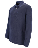 Marineblaues langärmeliges Poloshirt mit Strukturmuster.